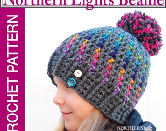 Crochet Hat Pattern - Northern Lights Pom Pom Hat Crochet Pattern - Crochet Beanie Pattern - Child Sizes