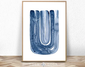 Abstract Painting, Blue Watercolour Wall Art, Modern Minimalist Print, Navy, Brush Stroke, Printable Digital Download, Large Poster, Ink