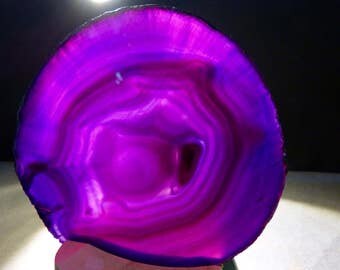 Agate Slice, XL, 4.5'' inches, agate coaster, purple color, dyed agates, slab, gift, wooden candle holder, wind light, wooden stand