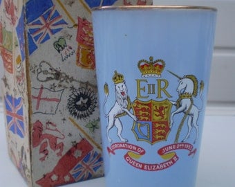 Queen Elizabeth II - Coronation 2nd June 1953 - Blue Glass with Gold Rim - District Council of Hindley - England