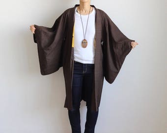 middle length kimono, dark brown haori, Japanese kimono jacket, cotton jacket /1362
