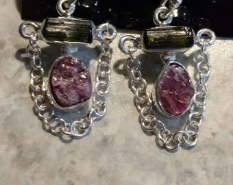Green Tourmaline Rough & Pink Tourmaline Rough Earrings