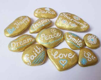 Inspirational Quotes Painted Rock stones, Golden OOAK gift, Pebble Art, Om love Heart Stone, Christmas gift, Boho Yoga Zen Art Decor Gift