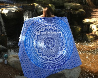 Indian mandala tapestry, blue ombre queen-size tapestry sheet, hippie sheet, wall tapestry, boho decor, dorm decor, bohemian bed sheet