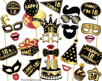 18th Birthday Photo Booth Props, 18th Birthday Girl Boy Photo Props 18th Birthday Decorations Selfie Station Props, Black Gold Printable PDF