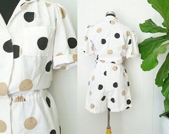 80s White Polka-dot Linen Romper | Homemade