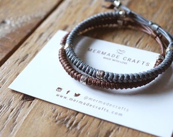 Set of 2 - Neutral Tone Knotted Bracelets - Couple Friendship Matching Macrame Set - Natural Colour Pattern