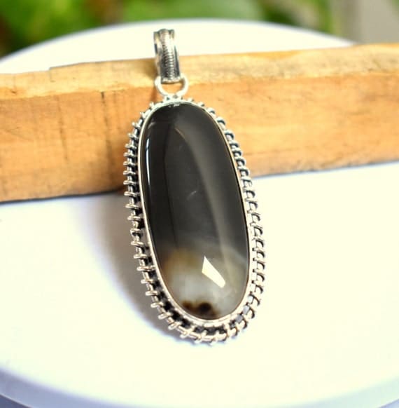 20% OFF long Black agate Pendant 925 Sterling Silver Charm