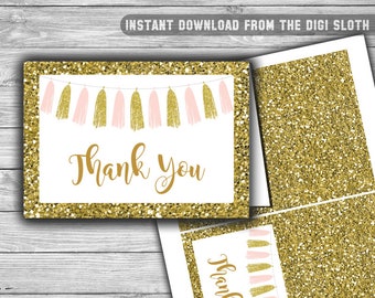 Pink and Gold - Baby Shower Thank You Cards - PRINTABLE - INSTANT DOWNLOAD - Pink - Gold - Tassels - 094