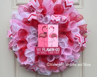 Valentine's Day Wreath, Deco Mesh Valentine's Wreath, Flamingo Wreath, Red and Pink Wreath, Mesh Valentine Wreath