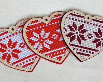 wooden heart ornament Norway style cross stitch heart cute winter Eco friendly housewarming gift valentines day decor Christmas decoration