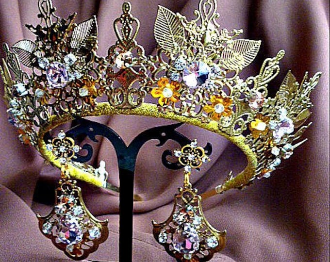 Wedding gold Light Rose crown headband bridal jewelry set tiara earrings swarovski crystal bride filigree diadem Headdress photography glass