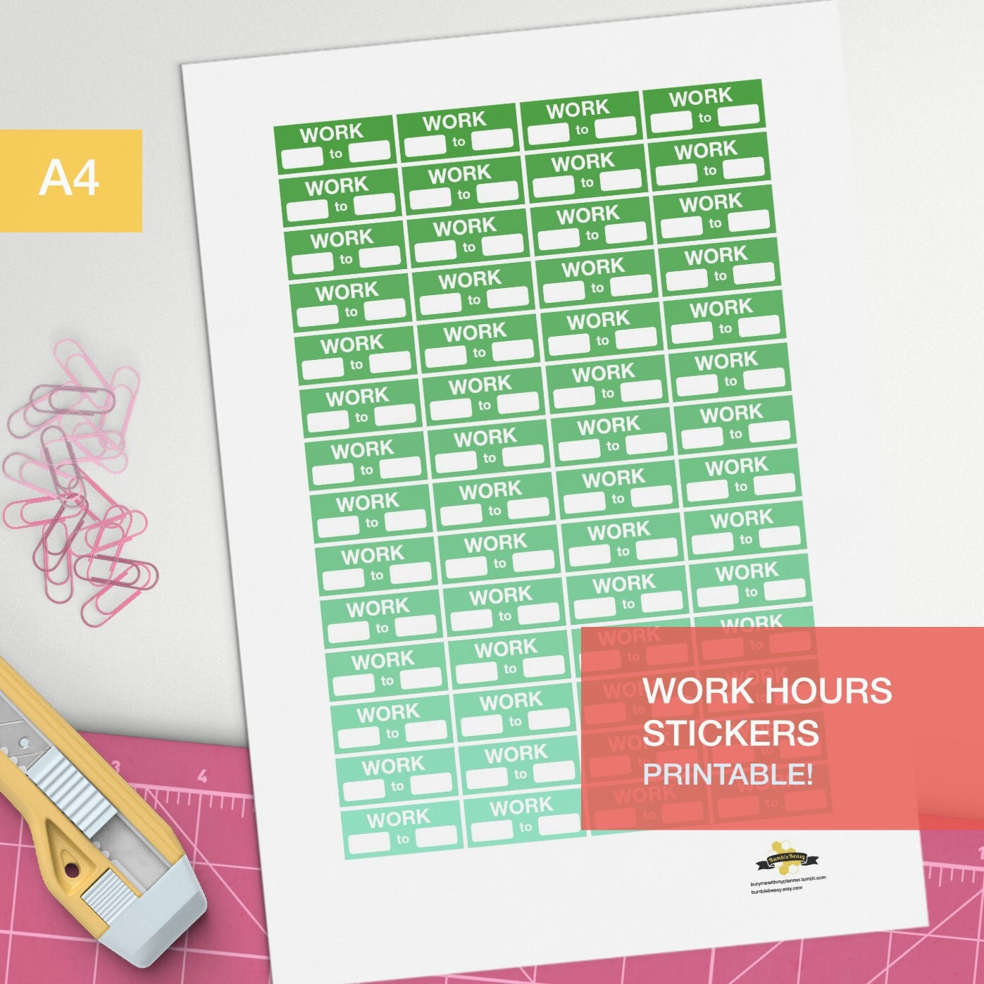 Work hours stickers for planner A4 printable print at