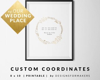 Wedding Prints - Gold Floral Wreath - Latitude Longitude Print - Custom GPS Coordinates - Valentines Day Gift - Unique Wedding Gifts - 2