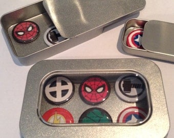 Marvel Comic Hero Fridge Magnets in Gift Tin, Incl Spider Man, 25mm Magnets, 2, 3 & 6 Magnet Sets, Gift for Him, Man Cave, Stocking Filler