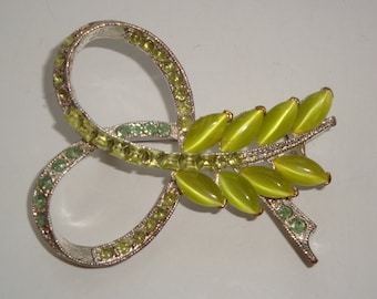 Vintage Green Lucite and Rhinestone Brooch