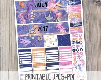 July Monthly printable planner stickers for your Erin Condren LifePlanner TM watercolor ocean bubbles jellyfish seahorse july monthly kit