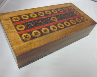 Poland Folk Art Polish Wood Box Hinged Button 7.75”” by 3.75” by 1.75” Art Deco Jewelry Trinket Treasure