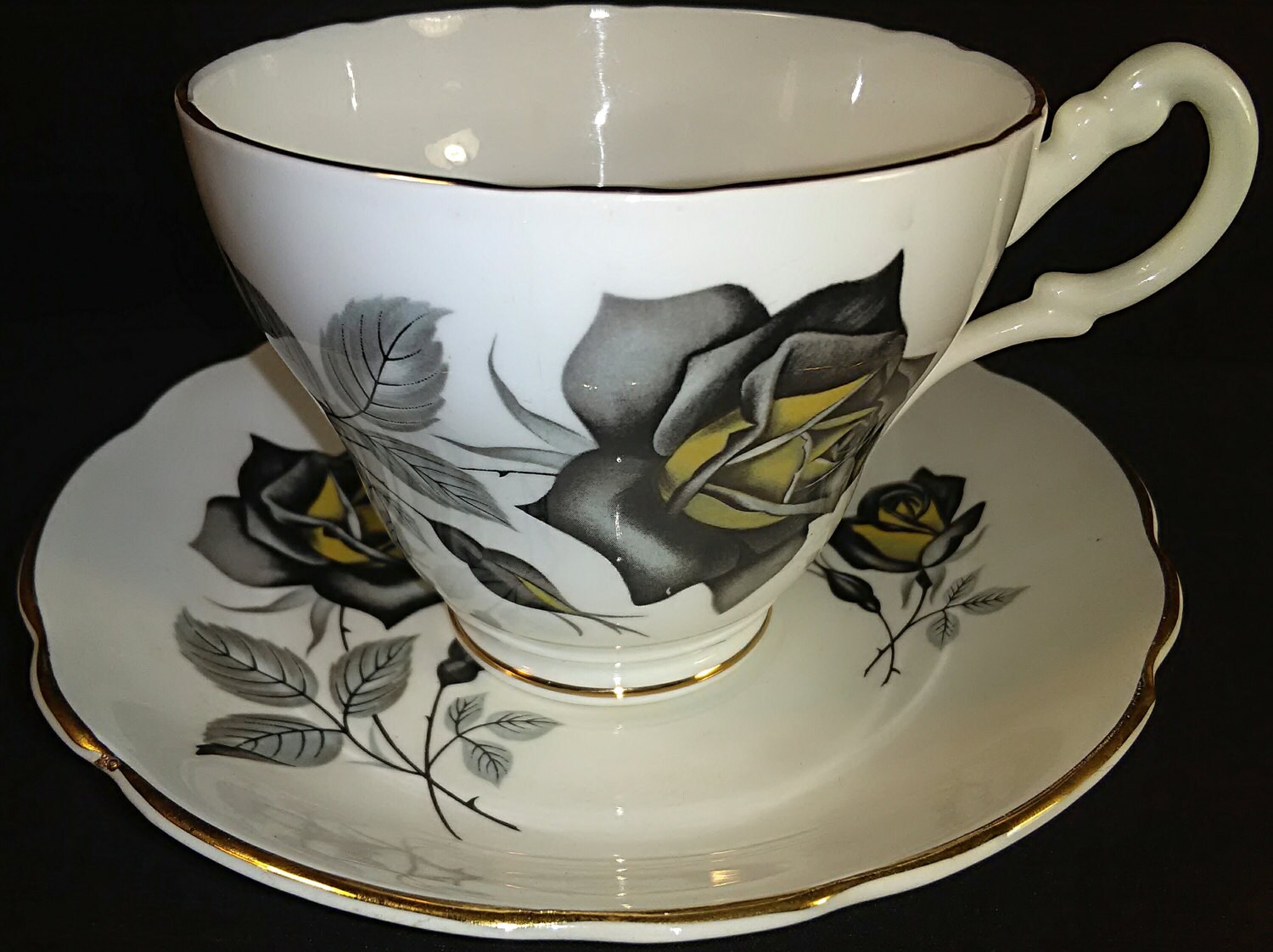 Royal Ascot Black Rose Cup & Saucer Bone China Made in