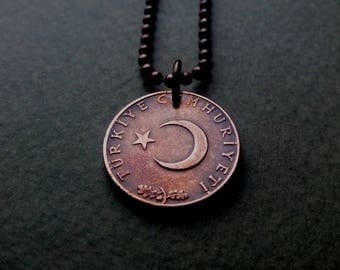 Crescent Moon Coin - Moon Amulet - Turkey Kurus Coin - Islam Coin Pendant - Men coin necklace - Women Charm - Gift for him - Gift under 20