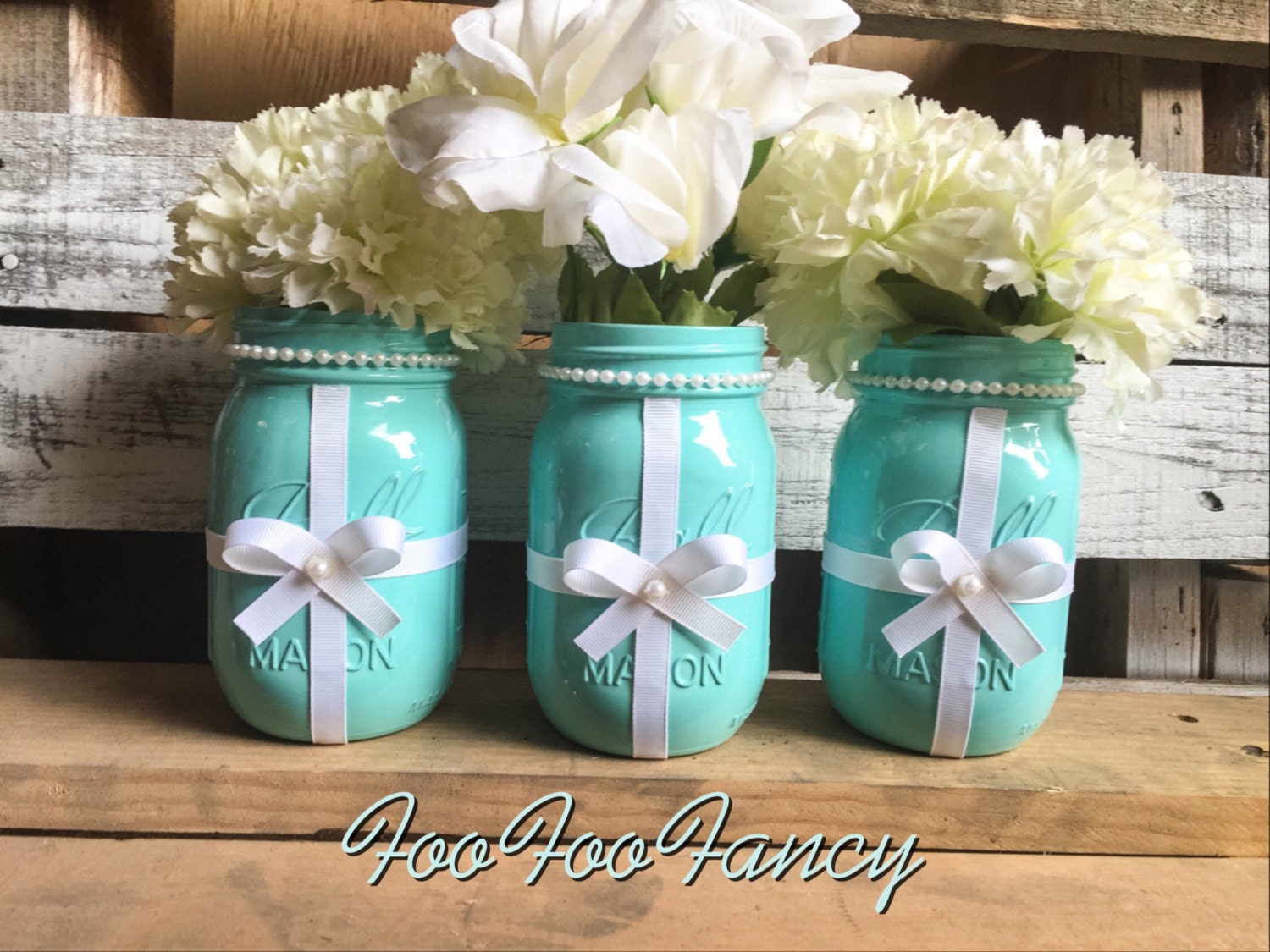 Blue and white ribbon mason jar