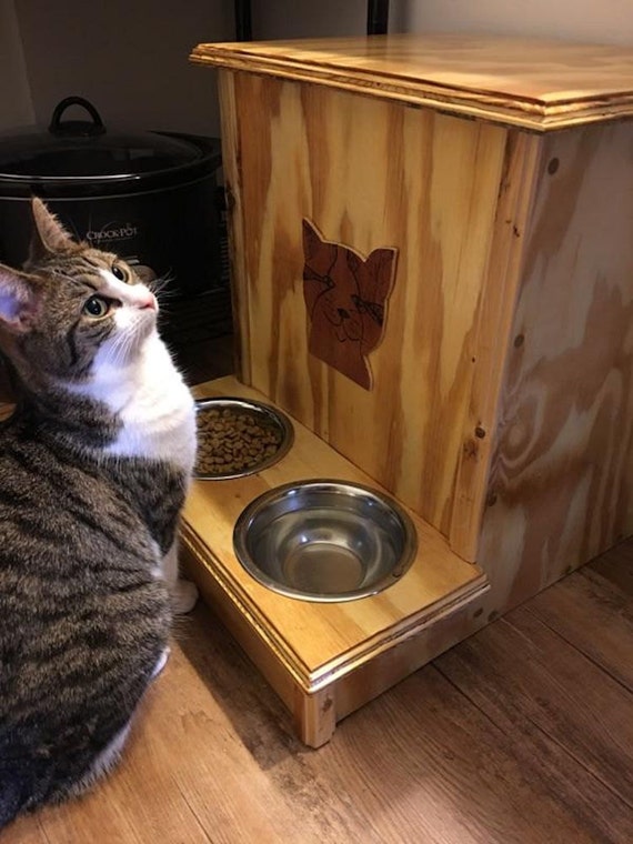Wood pet food storage bin and feeder