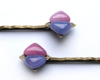 Hairpin with glass Set of 2, Set of hair bobby pins, glass Bobby Pin Set, colored glass hair pin
