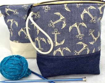 Knitting Project Bag, Nautical Bag, Knitting Tote, Unisex Knitting Bag, Crochet Project Bag, Nautical All Purpose Tote