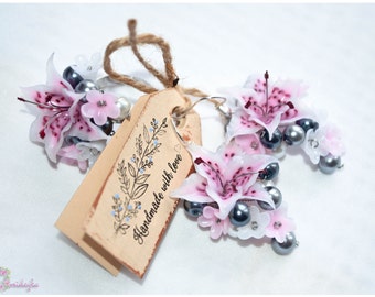Lily jewelry Lily earrings Lily ring Lily jewelry set Polymer clay lily Clay flowers Polymer clay flower jewelry White lilac Pink lily jewel