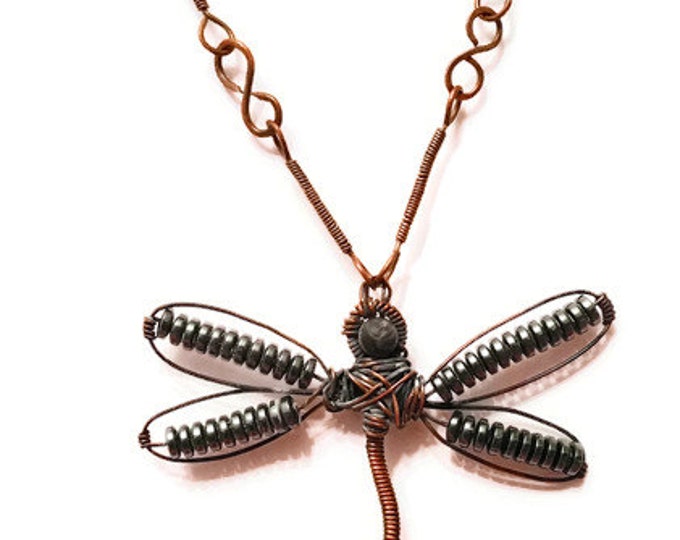 Hematite and Copper Dragonfly Pendant Necklace, Dragon Fly Jewelry, Copper Necklace