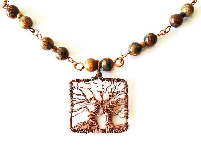 Copper Double Tree of Life Pendant, Leopard Jasper Gemstone Necklace