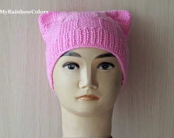 Pink Cat Hat, Pink Pussyhat, Feminist Hat, Knit Pussy Hat, Pink Cat Beanie, Pink Pussy Hat, Cat Ear Hat, Winter Hat, Kitty Hat, Chunky Hat