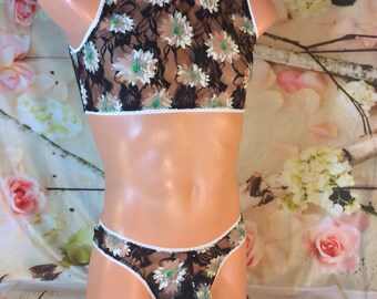 Daisy Print Lace Crossdresser Bra and Panties for men