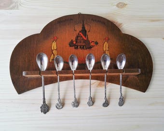 Vintage Dutch Wooden Spoon Rack with 6 Decorative Tea Spoons - Dutch Home Décor - Handpainted Souvenir from Holland