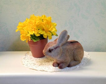 Flocked Rabbit Bank Plastic Plug Fuzzy Velvet Vintage Bunny Coin Bank Knick Knack Woodland Animal Figurine 1970's Hong Kong Child Nursery