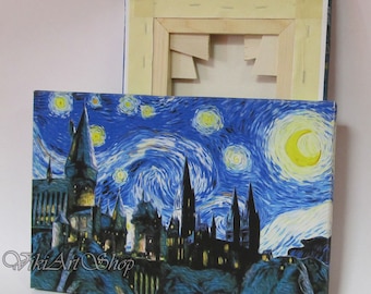 Harry Potter Canvas Print, Hogwarts Starry Night Print Reproduction of Van Gogh Starry Night, Hogwarts Art Print Mounted stretched Canvas