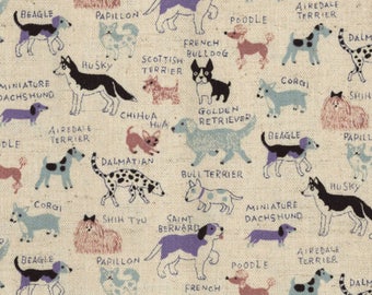 Dog Parade on Blue ~ Kokka Linen Bland Fabric ~ Japanese Fabric ~ Weave & Woven
