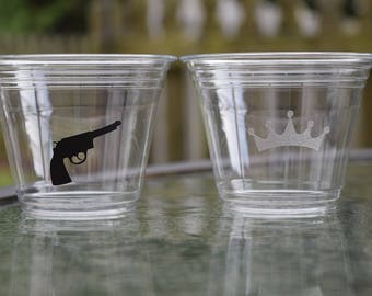20 Guns or Glitter Gender Reveal Cups, BPA Free, 9 12 & 16 oz Cups, Guns and Glitter Cups, Guns or Glitter Cups, Clear Plastic Shower Cups