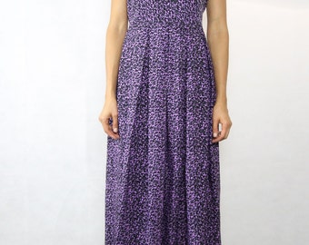 VINTAGE Purple Black Floral Empire Pleated Dress Size S-M