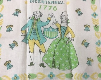 Vintage Bicentennial Tea Towel Linen Parisian Prints 1976 1776 Turquoise Liberty Bell Colonial