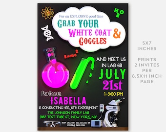 LIMITED TIME! - Science Birthday Invitation | Science Invitation, Science Party, Mad Scientist, Mad Scientist Party, Chalkboard Birthday