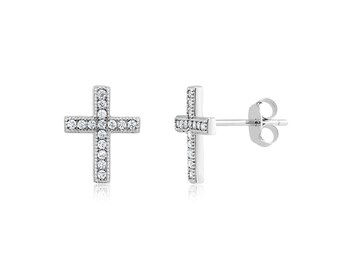 Rhodium plated Sterling Silver and Cubic Zirconia Cross Post Earrings