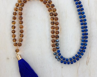 Long Beaded Tassel Necklace, Tortoise Bead Neacklace, Multi Bead Necklace, Necklace, Boho Tassel Necklace, Blue Tassel Necklace