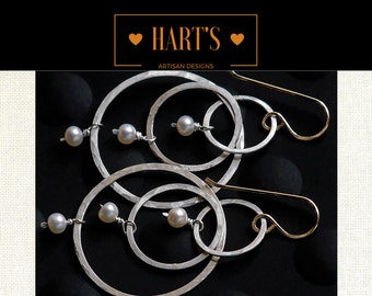 Large Hoop Gold and Sterling Silver Pearl Earrings
