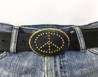 PEACE SIGN / Magnetized Belt Buckle with Gold Metal Trim and Studded Peace Symbol on Black / Swinging Loop Buckle / 80s Vintage Belt Buckle