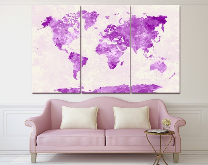 Large Pink Watercoor World Map Poster, Watercolor map, map decor / 1,2,3,4 or 5 Panels on Canvas Wall Art for Home & Office Decoration