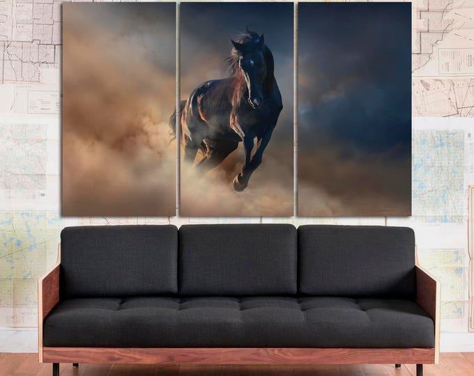 Running horse modern wall art canvas print set of 3 or 5 panels, large dark abstract running horse painting on canvas wall art