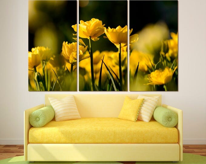 Yellow flowers photography wall art canvas print set of 3 or 5 panels, large floral wall art home decor, yellow flowers fine art photography