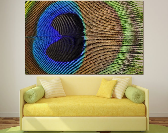 LARGE peacock feather wall art macro photography canvas print set of 3 or 5 panels, colorful peacock photography blue green brown wall art