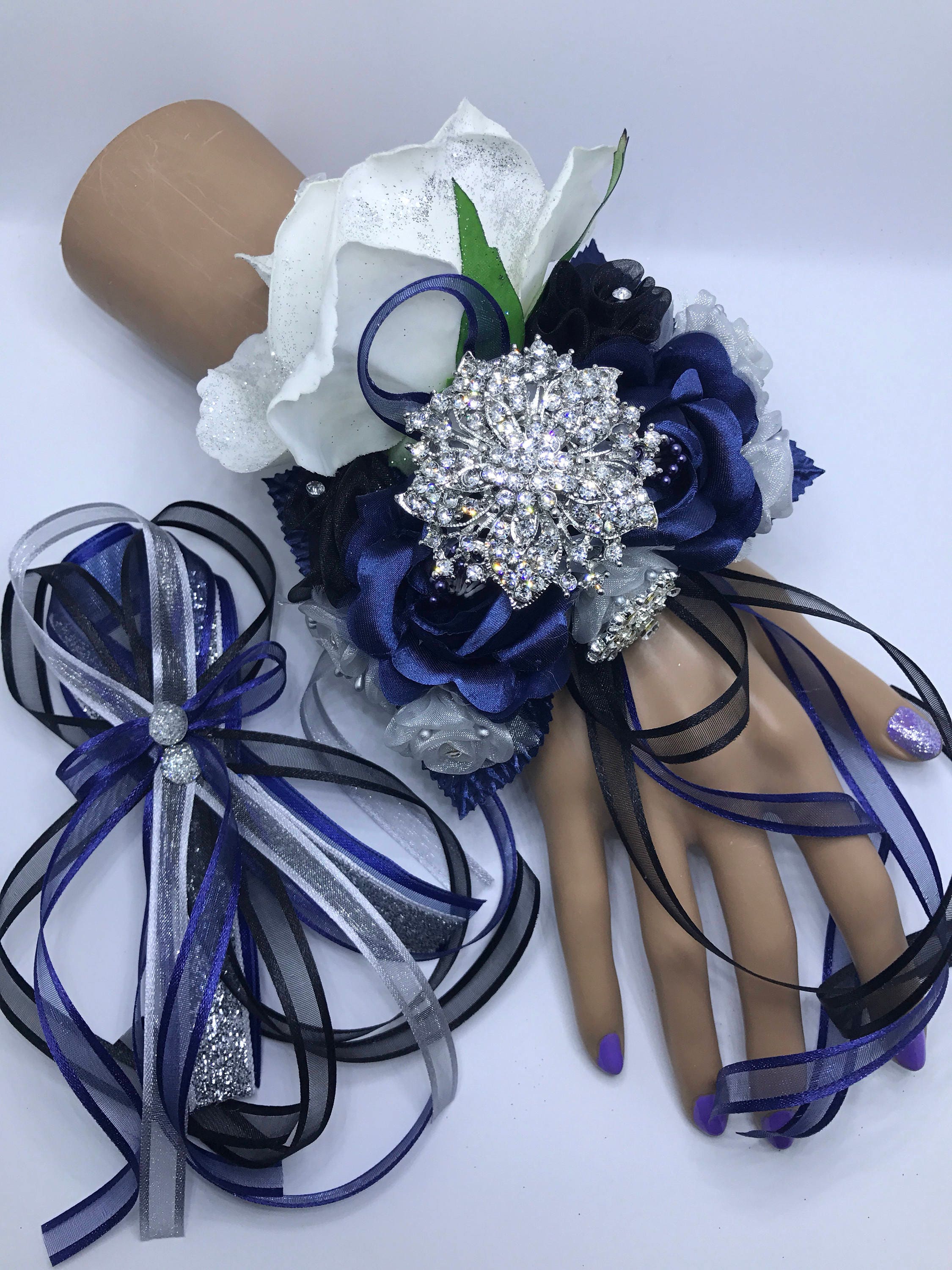 Real Touch Rose Hand Corsage Navy Blue Home Coming